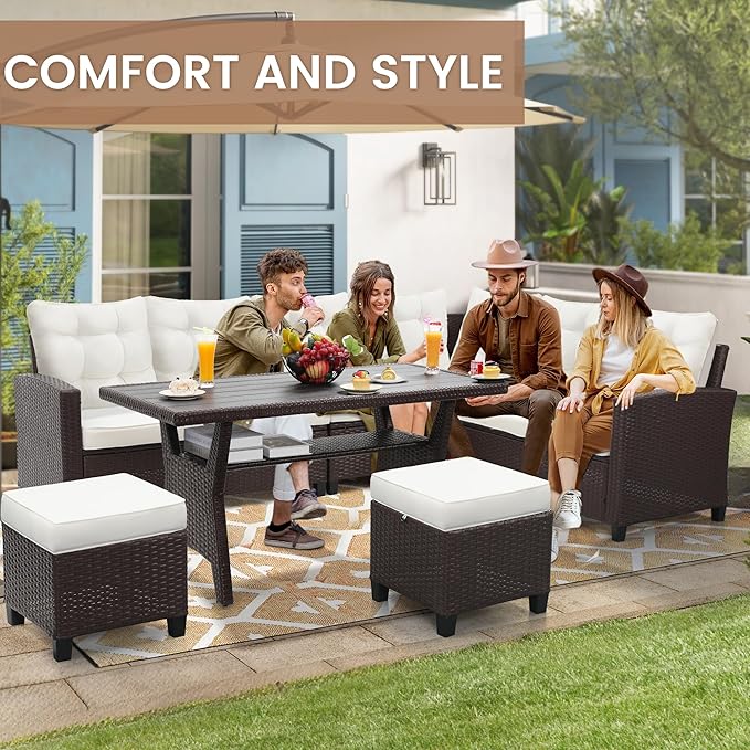 6-Piece Outdoor Patio Furniture Set - Sectional Sofa, Dining Table & Chairs Included, All-Weather Dining Set with Ottoman, Brown Wicker and White Cushions