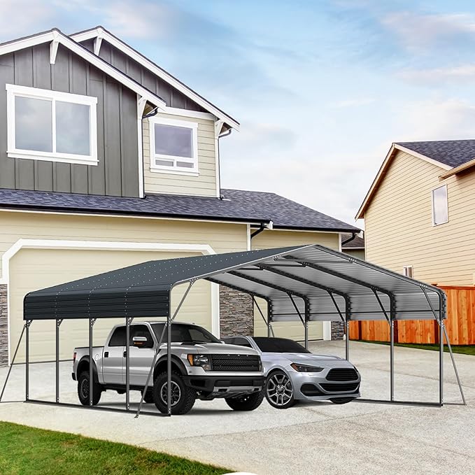 20x20FT 2 Car Metal Carport Kits, Heavy Duty Two Car Ports with Galvanized Metal Roof, Outdoor Garage Double Car Shelter Shade for Car, Boats and Truck (Dark Gray)