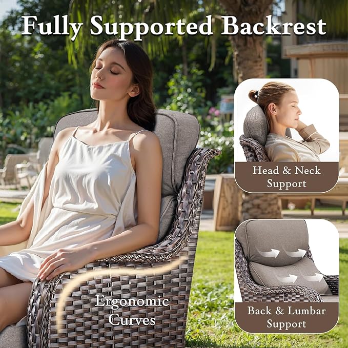 Luxury Outdoor Swivel Rocker Patio Chairs Set of 2, High Back Swivel Patio Chairs with 6-Inch Thick Cushions, Wicker Outdoor Gliders for Porch, Yard, Deck, Poolside, Brown/Grey