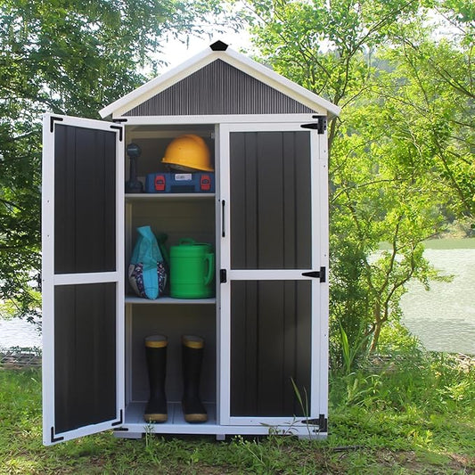 Outdoor Storage shed Small Storage shed with Floor Wooden Frame Lockable Metal Door Adjustable Shelves Cabinets Waterproof Large Capacity Storage Tool Cabinet Box for Backyard Garden Patio Lawn