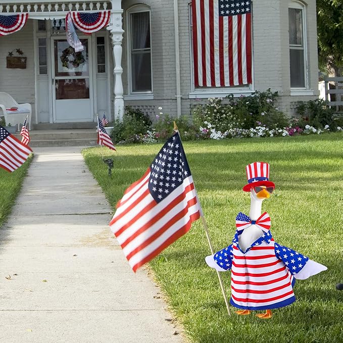 4 Pcs/Set 4th of July Porch Goose Outfit, 23" High Lawn Goose Statue Patriotic Costume Clothing, Independence Day Porch Garden Geese Clothes with Hat Glasses Bow Tie for Outdoor Patio Yard Decoration