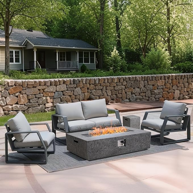 3-Piece Outdoor Propane Fire Pit Table Set – Premium Slate-Like MgO Finish, 48-Inch Gas Fire Table with Tank Table & Glass Wind Guard for Patio, Garden & Backyard, Includes Rain Cover & Glass Beads