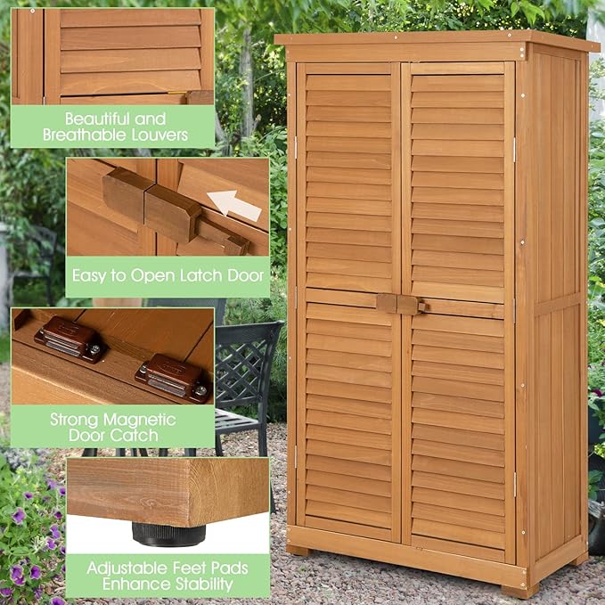 Goplus Outdoor Storage Cabinet, Wooden Storage Shed with Latch, Detachable Shelves & Weather Resistant Pitch Roof, Vertical Garden Tool Organizer for Outside Yard Patio Deck
