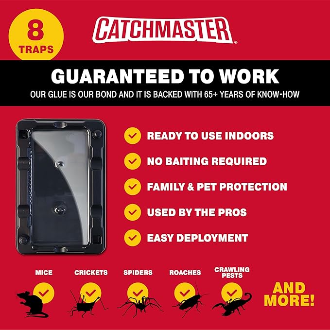 Catchmaster Mouse & Insect Glue Traps 8-Pk, Adhesive Rodent & Bug Catcher, Mouse Traps Indoor for Home, Sticky Glue Boards for Mice and Insects, Pest Control for House & Garage
