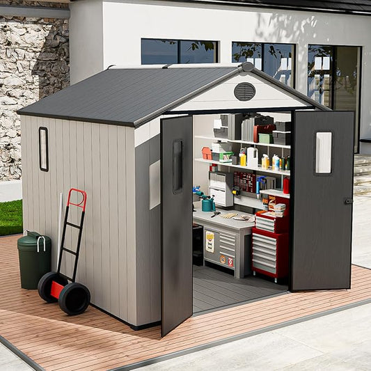 8x6 Resin Outdoor Storage Shed with Floor, Plastic Tool Shed for Gardening, Patio, and Deck, White/Gray