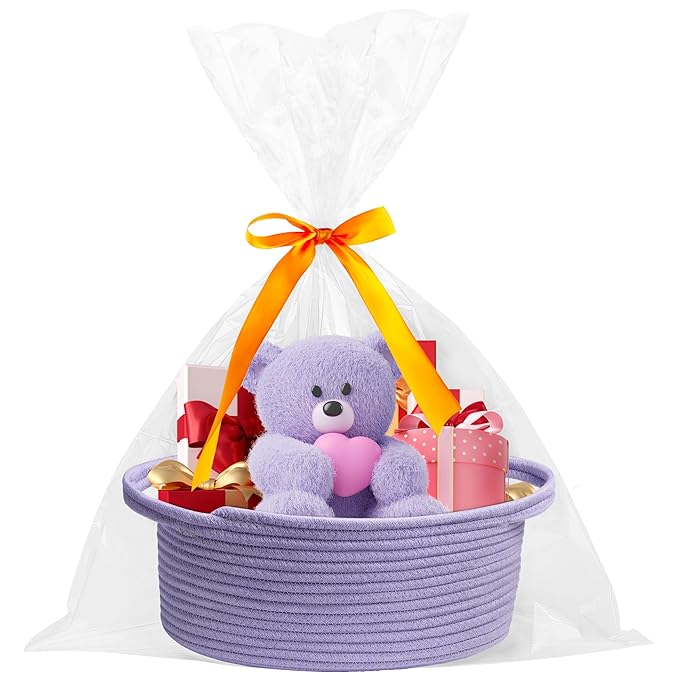 Pro Goleem Small Woven Basket with Gift Bags and Ribbons Durable Baskets for Gifts Empty Small Rope Basket for Storage 12"X 8" X 5" Baby Toy Basket with Handles, purple