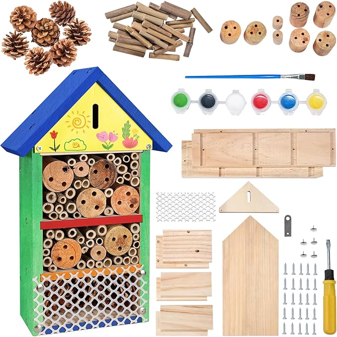 antiai DIY Wooden Insect Hotel Mason Bee Butterfly House,Insect Hotel, Outdoor Garden Decor Bamboo Habitat for Bee Butterfly Ladybugs Live,Educational Bee Hotel Kit for Parents & Teachers