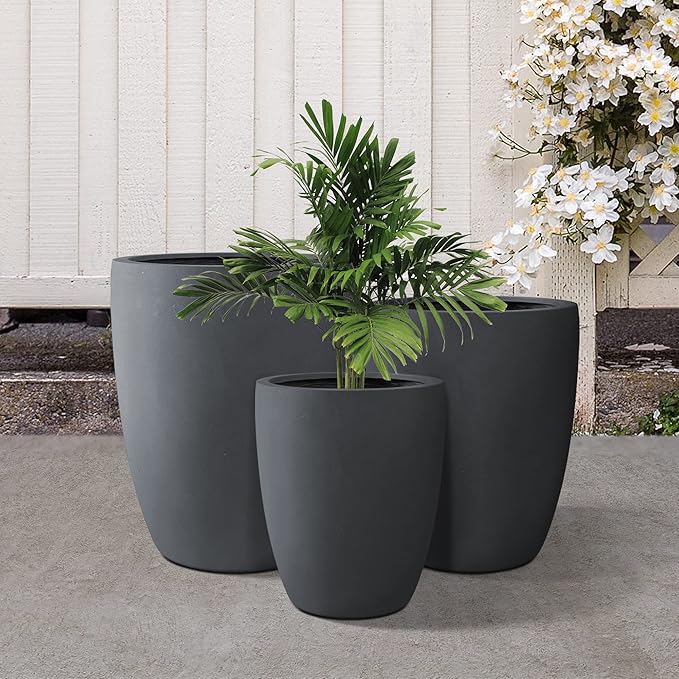 Kante 18.1",20.5",22.4" H Tall Round Concrete Planters Set of 3, Outdoor Indoor Modern Decorative Plant Pots with Drainage Hole & Rubber Plug for Home & Garden Charcoal