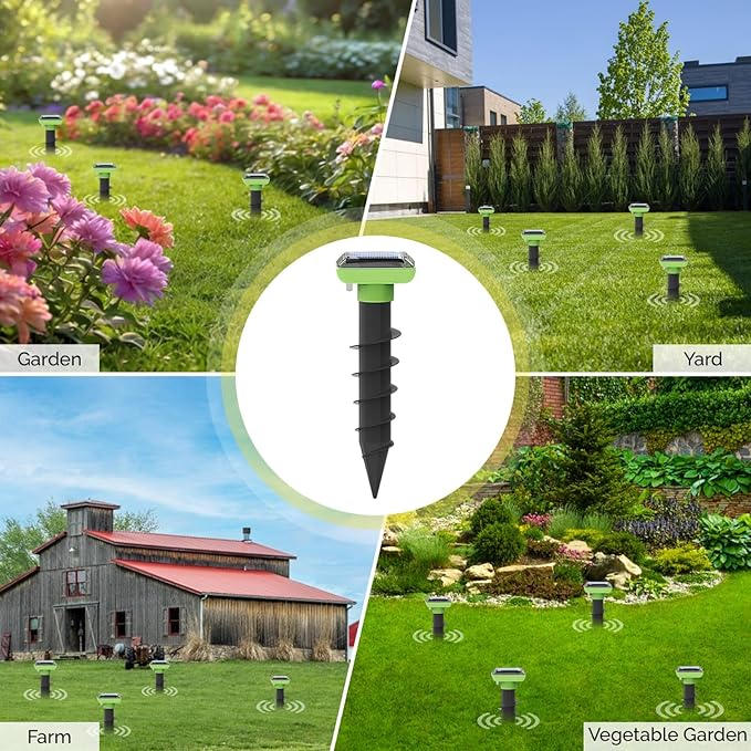 Solar Garden Device – 4 Pack, IP66 Waterproof, Solar Rechargeable, Covers up to 75 sq. ft., Quick 2-Hour Charge, 8–10 Hours Operation, Weather-Resistant Lawn & Garden Spikes – EPA No. 94623