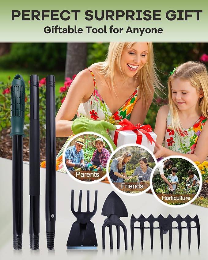 5-in-1 Garden Hoe - Adjustable 37" to 50" Handle, 5 Tool Heads, Heavy-Duty Weeding, Cultivating, and Raking Tool for Gardening, Camping, and Outdoor Use