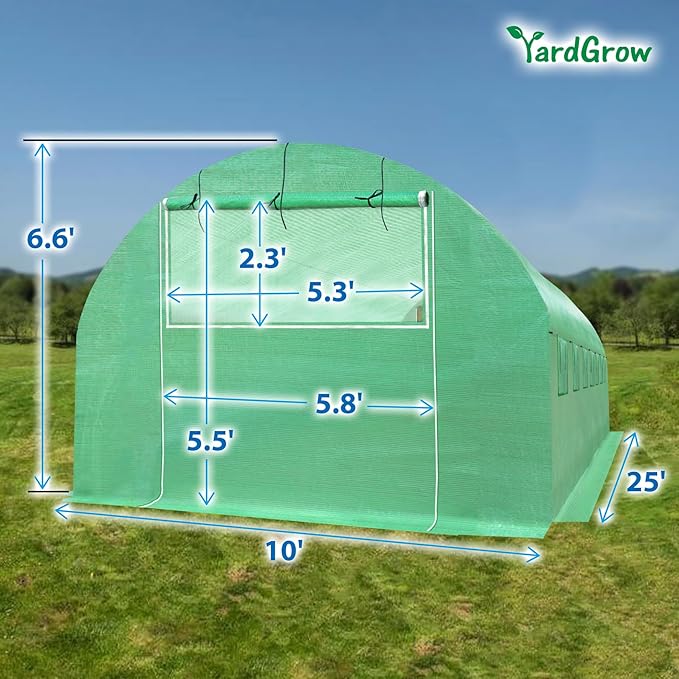 YardGrow Greenhouse Replacement Cover Larger Walk in Outdoor Plant Gardening Greenhouse, 2-Doors with 2 Mesh Windows, Frame Does NOT Included (25'x10'x6.6')
