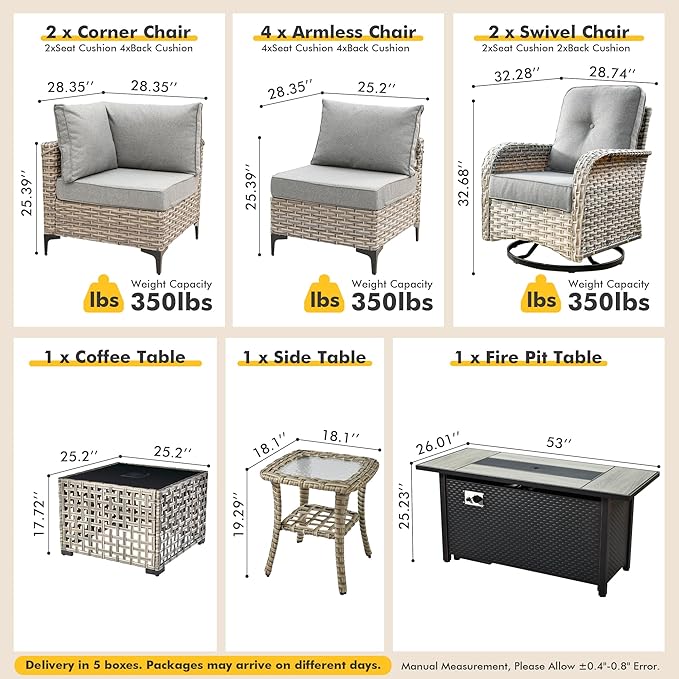 Outdoor Sectional Patio Furniture Set with Fire Pit Table and Swivel Rocking Chairs,11 Pieces Wicker Conversation Sets L Shaped Couch Out Door Sofa Outside Furniture for Garden Deck Yard,Dark Grey