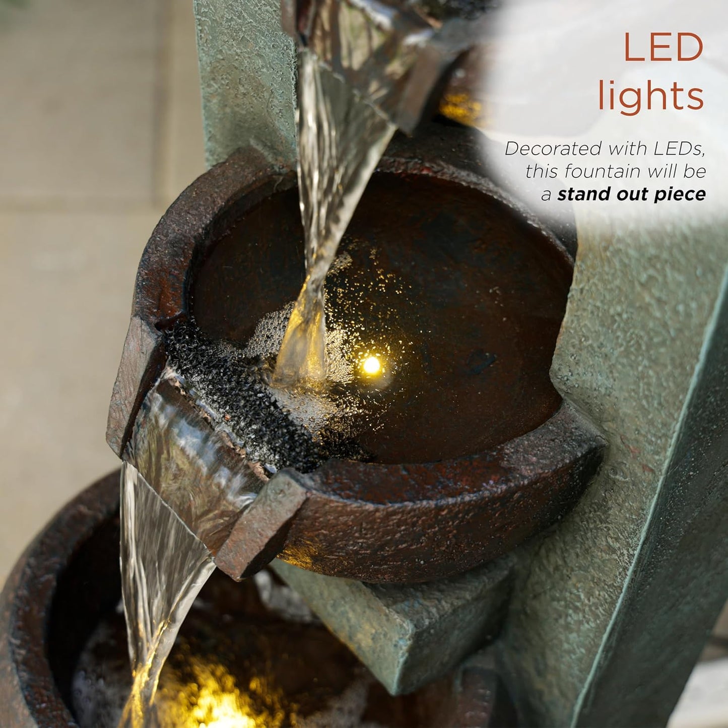 Alpine Corporation TZL400 34" 3 Tier Basin Cascading Fountain with LED Lights, Elegant Outdoor Water Feature for Garden, Patio, Yard & Outdoor Spaces, Relaxing Waterfall Fountain, Gray