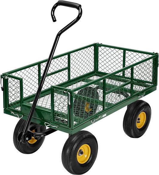 VIVOHOME Heavy Duty 880 Lbs Capacity Mesh Steel Garden Cart Folding Utility Wagon with Removable Sides and 4.10/3.50-4" Wheels 10 Inch Tire(Green)