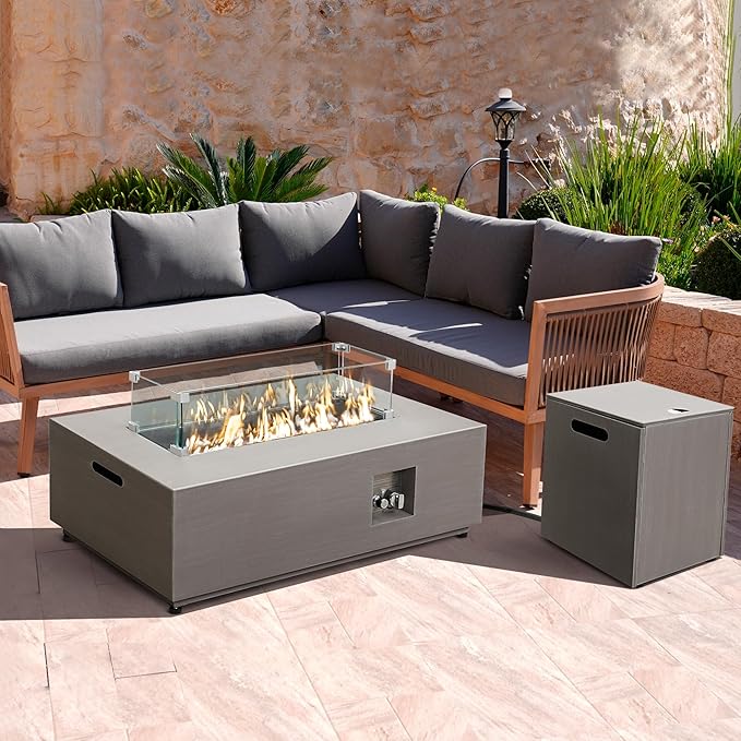 42’’ Propane Fire Pit Table Set with Tank Holder, CSA Certifed 50,000 BTU Outdoor Firepit Table, Wind Guard & Glass Stones, Smoke-Free Rectangular Fire Table for Garden Porch Backyard - Extra Cover