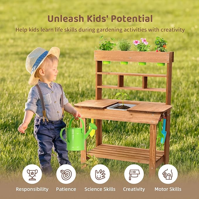 OOOK Potting Bench with Removable Sink, Potting Benches for Outside, Mud Kitchen for Kids Outdoor with Gardening Tools, Watering Can, Flower Pot, Ideal Gift for Boys and Girls 3+, Solid Fir Wood