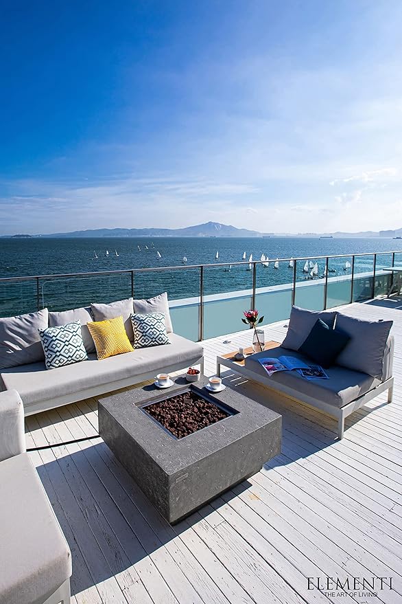 Elementi | Manhattan Gas Fire Pit Cast Concrete 36" Square Fire Table, Outdoor Fire Pit Electronic Ignition | Canvas Cover, Lava Rock Included | Light Gray (Propane Gas)