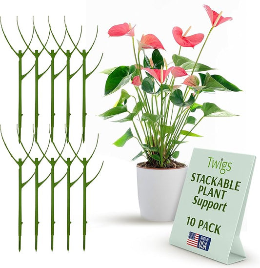 Stackable Plant Support Stakes, Stem Holder Structure for Indoor & Outdoor, Garden Accessories for Climbing & Potted Plants, Trellis Alternative - Peony (Light Green), 10 Pack, 17" L