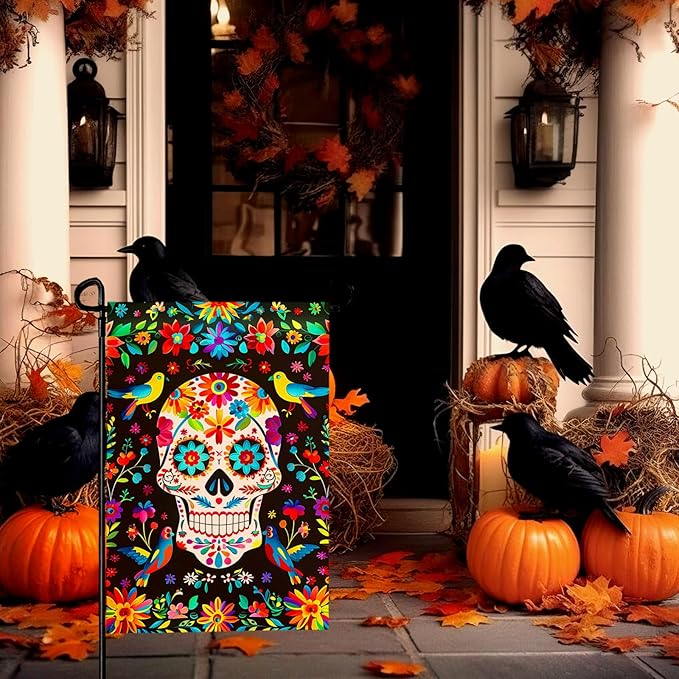 Day of the Dead Garden Flag Skull Welcome Floral Yard Flag Mexican Gothic Skeleton Flowers Birds Double-Sided Garden Flags Fiesta Dia DE Los Muertos Burlap House Banner 12x18 Inch