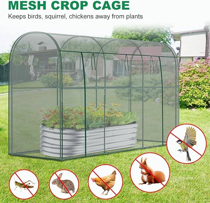 Crop Cages for Garden Plant, 9.8x3.3x6 Ft Plant Protection Tent with Zippered Door, Raised Bed Cover, Garden Bed Cover with Frame, Wind-Resistant Plant Cages for Outdoor Plants Vegetable Flower