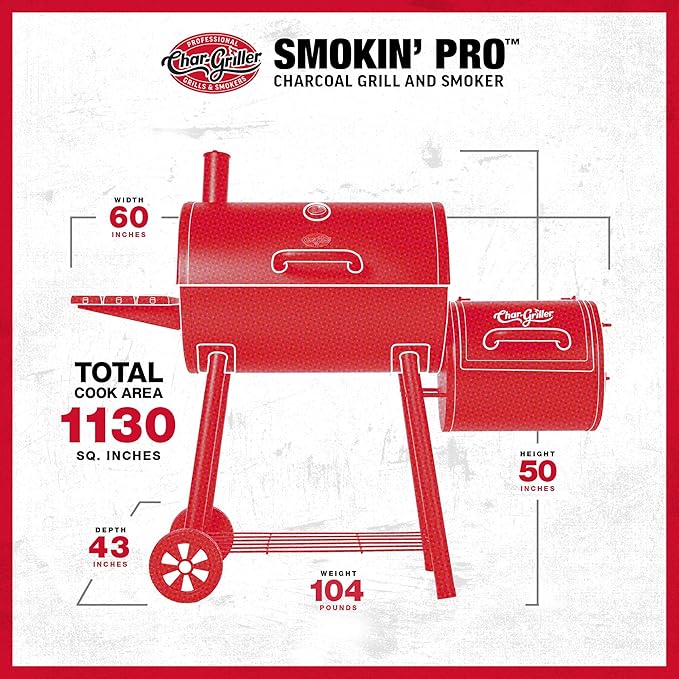Char-Griller®Smokin Pro Charcoal Grill and Offset Smoker with Side Fire Box, Dual Damper Control, Chrome Plated Steel Warming Rack, 1,130 Cooking Square Inches in Black, Model CG30044223