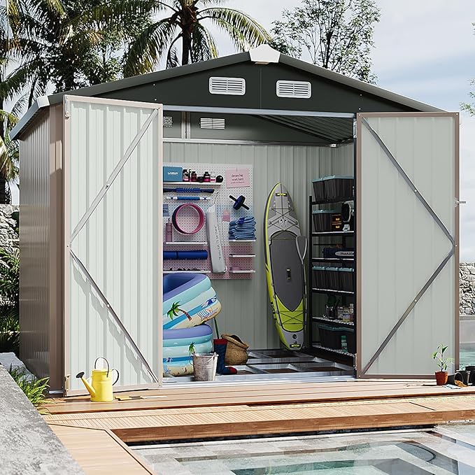 Aoxun 8' x 6' Storage Shed with Base Outdoor Steel Garden Utility Cabinet with Lockable Door Waterproof & Rust-Proof for Yard, Patio, Backyard (Brown, Base Included)