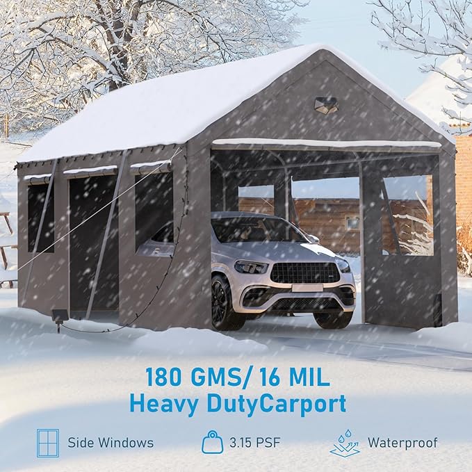 10x20 Carport Canopy, Heavy Duty Car Ports with Sidewalls, Portable Garage Carports with Roll Up Zipper End & Side Doors, Grey