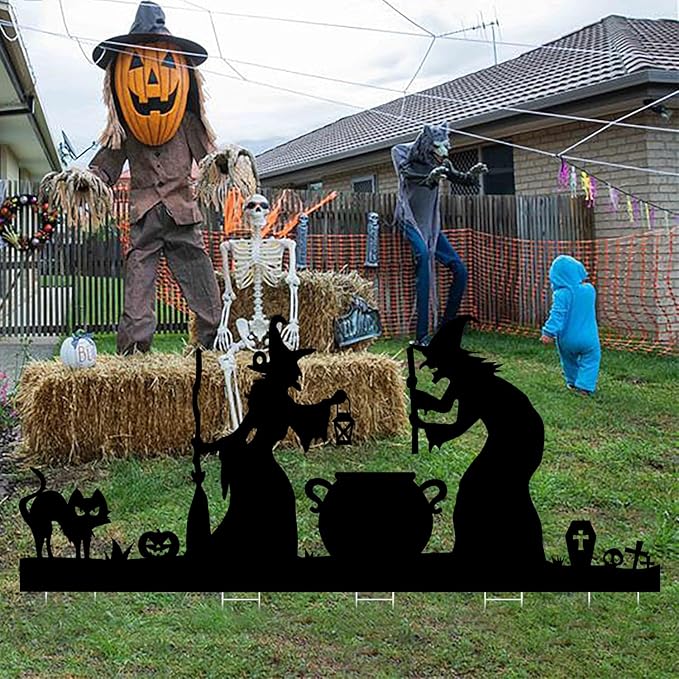 5FT Large Outdoor Witch Silhouette Halloween Decorations, Spooky Halloween Witch, Black Cat and Cauldron Set, Scary Yard Decor for Home, Party, Waterproof, Durable and Easy Setup with Stakes