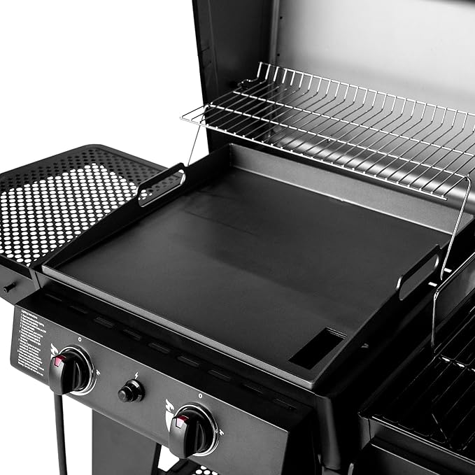 Char-Griller Flex Fuel Plus 3 in 1 Gas and Charcoal Grill Griddle and Smoker Combo 30000 BTUs Outdoor BBQ with Flat Top Griddle Insert Dual Fuel Backyard Grill Station, CG30281224