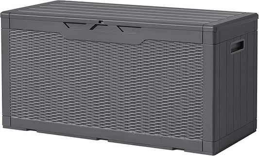 Devoko 97 Gallon Deck Box, Waterproof Resin Outdoor Storage Box for Outside and Patio, Large Outdoor Storage Bench Cabinet Lockable for Patio Furniture, Garden Tools and Pool Supplies (Gray)