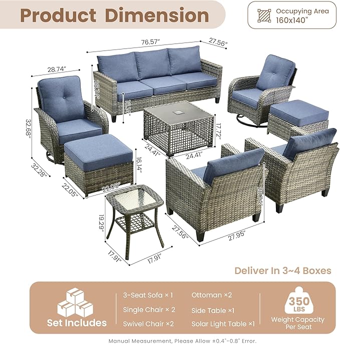 HOOOWOOO Outdoor Patio Furniture Set,9 Pieces Wicker Conversation Set,All Weather Couch Set with Swivel Chairs Solar Light Table Ottoman 9 Seaters for Out Door Yard(Denim Blue)
