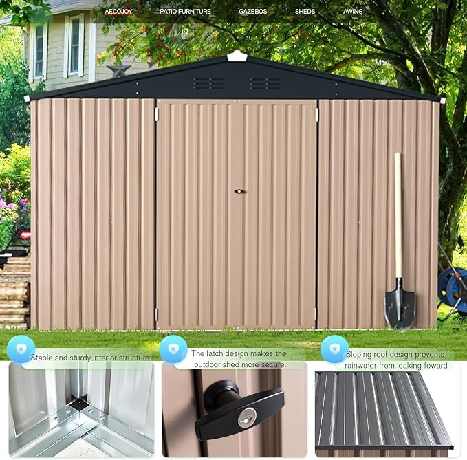 AECOJOY 10'x10' Outdoor Storage Shed, Large Metal Sheds & Outdoor Storage Clearance Steel Yard Shed with Lockable Doors, Utility and Tool Storage Garden Sheds for Barkyard, Patio and Outside Use