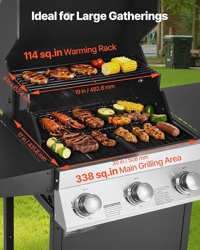 VEVOR Gas Grill, 3 Burner Propane Gas Grill with Spacious 338 SQ.In Grilling Area, Carbon Steel Enamel Grates, Outdoor 36,000 BTU Patio Garden BBQ Grills with Foldable Side Shelves, Carbon Steel
