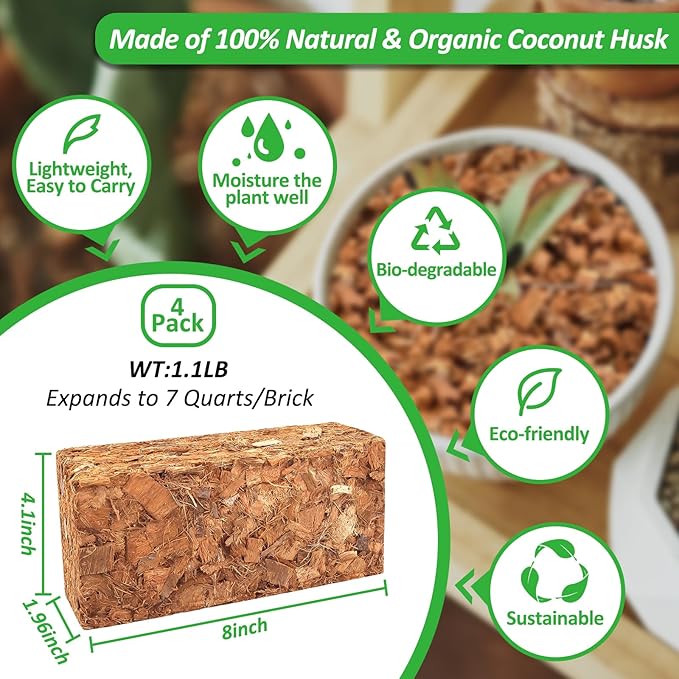 Riare 4 Pack Coco Chips Substrate for Plants- 4.4lb 100% Organic Coconut Husk Brick with Low EC and pH Balanced, High Expansion Coconut Substrate Coco Husk Mulch for Garden Flowers, Herbs, Planting
