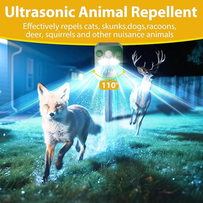 1 Pack Solar Deer Cat Repellent Device Outdoor Bird Squirrel Deterrent with Motion Activated Sensor Ultrasonic Flashing Light to Scare Rats Chipmunk Raccoon Away from Yard Lawn - Waterproof