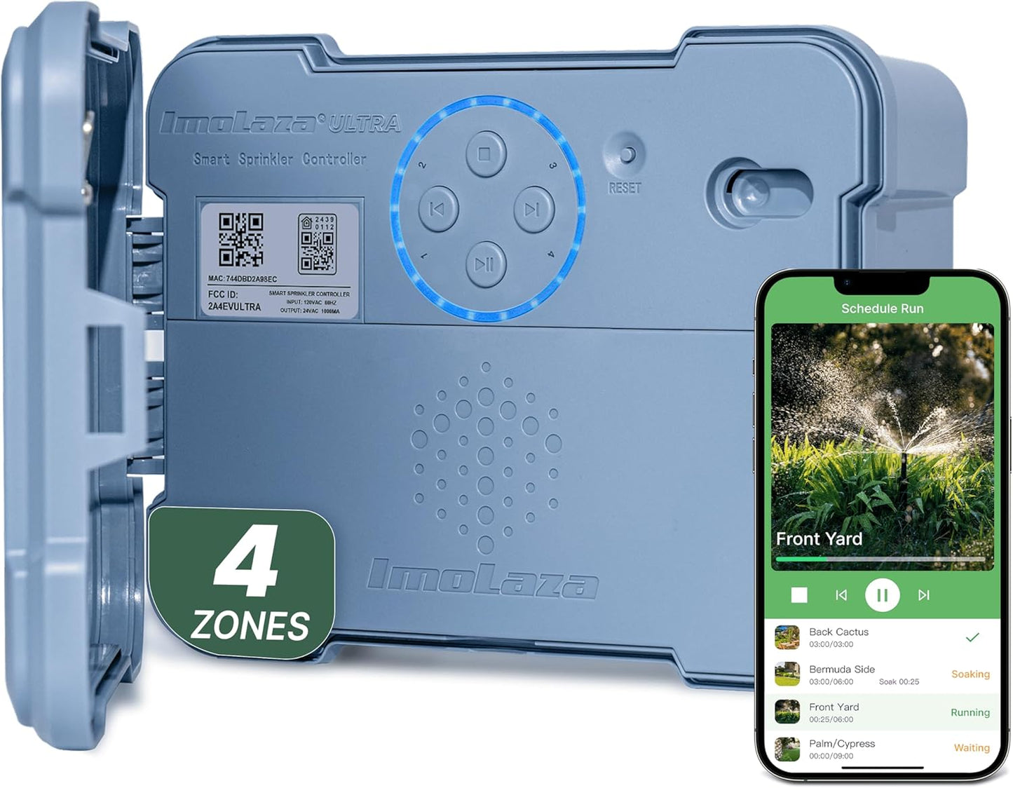 ImoLaza Outdoor Smart Sprinkler Controller, 4-Zone WiFi Irrigation Controller with Hyper-Local Weather, App Remote Control, Works w/ Alexa, Auto Watering, Rain/Freeze/Wind Skip, Smart Fault Detection