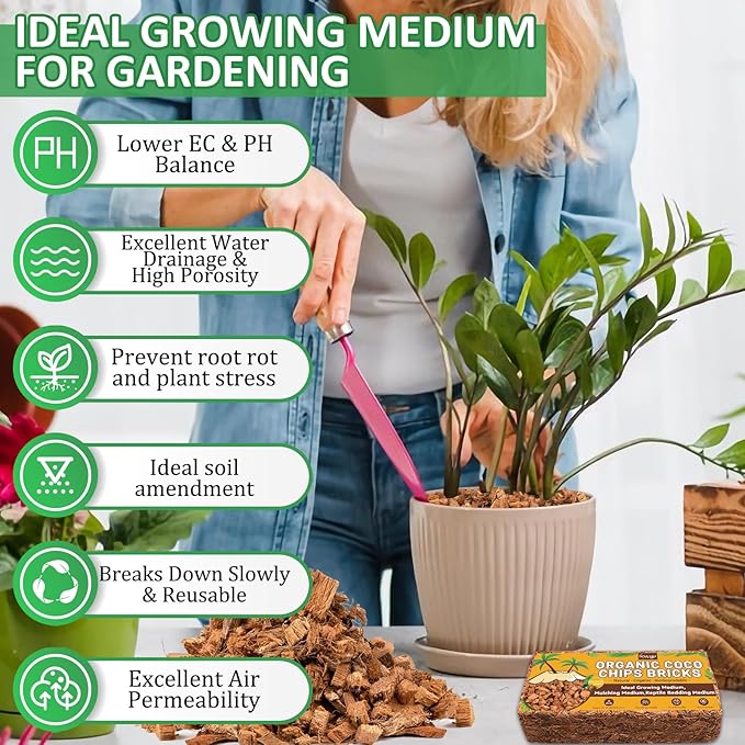 Legigo 6 Pack Coco Husk Chips- 6.6 LB 100% Organic Coconut Coir Chips Brick Potting Soil Mix with Low EC & PH Balance, Compressed Coconut Substrate Coco Chips Mulch Medium for Garden, Flowers, Plants