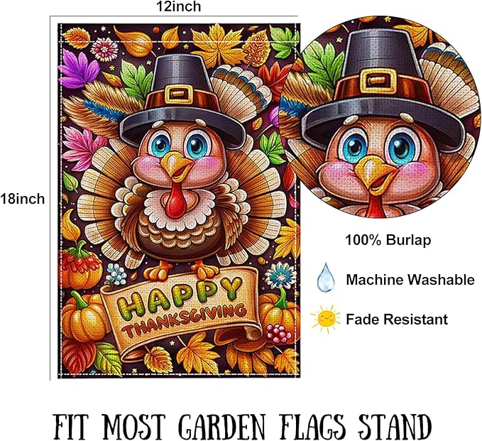 Fall Thanksgiving Garden Flag 12 x 18 Inch Double Sided Turkey Pumpkin Maple Leaves Designs Autumn Burlap Yard Flag for Outside Rustic Yard Outdoor Holiday Home Decoration