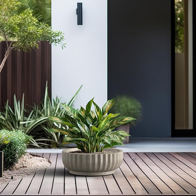 Kante Round Fulted Bowl Planter, 14.6 Inch Dia Large Concrete Flower Pots with Drainage Hole and Rubber Plug, Suitable for for Indoor Outdoor Plants, Home, Patio, Garden, Weathered Concrete