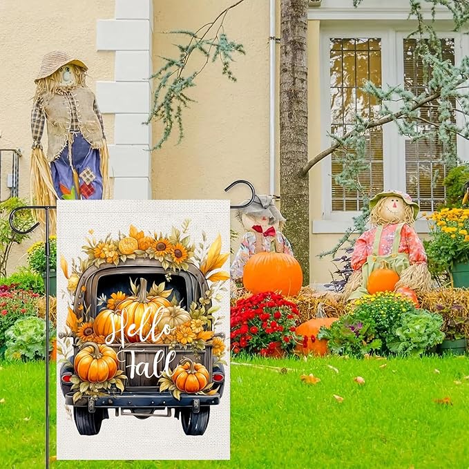 Hello Fall Pumpkin Truck Garden Flags 12x18 Vertical Double Sided, Autumn Thanksgiving Yard Flag for Outside, Holiday Seasonal Outdoor Decorations for Home