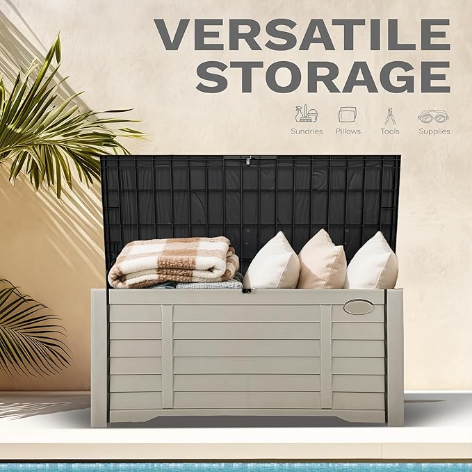 DWVO Large Deck Box 120 Gallon Waterproof Outdoor Storage Box, Extra Large Outdoor Bin, Resin Louvered Patio Storage for Pillows, Garden Tools & Pool Supplies, Lockable, Black&Brown