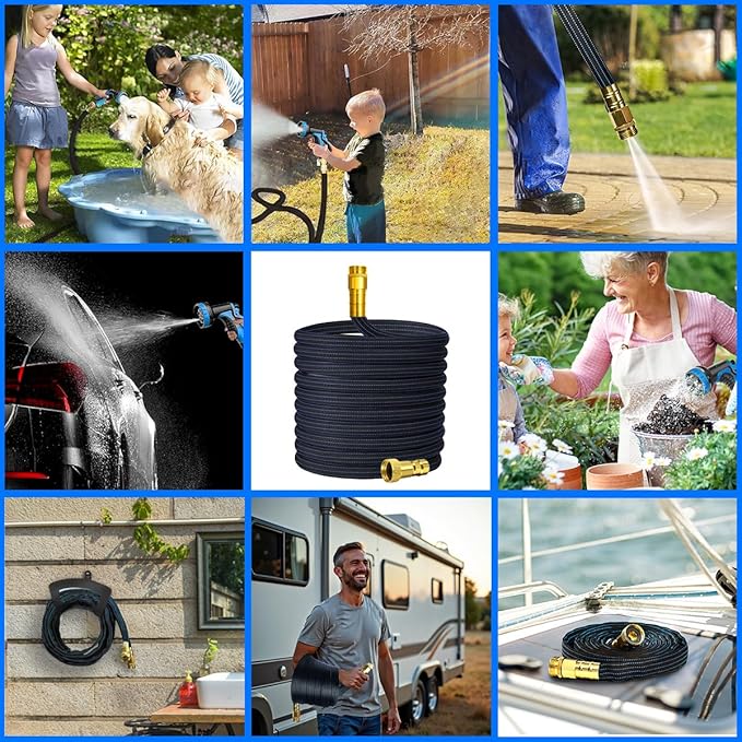 10FT Lightweight Garden Hose,Flexible Water Hose with Solid Brass Head,Kink-Free,Collapsible Hose,High Pressure Flat Water Hose for RV,Boat,Car Wash,Garden,Yard,Camper,Outdoor (BlueBlack, 10 feet)