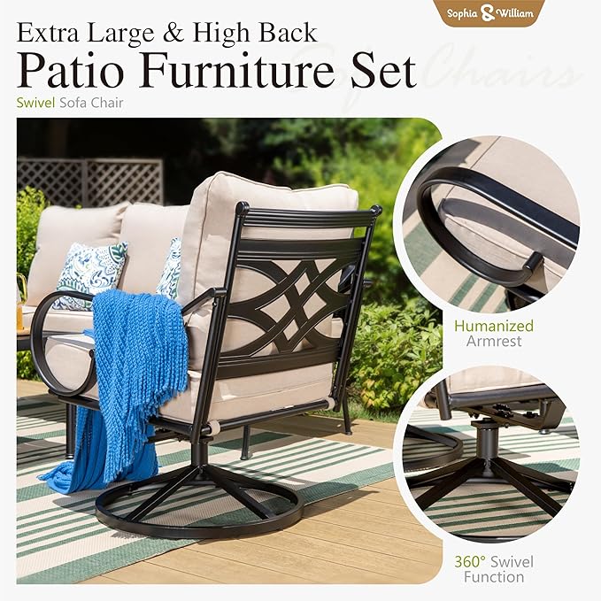 Sophia & William 4 Piece Patio Furniture Set Outdoor Couch Sofa, Patio Conversation Sets 5 Seat Clearance with 3-seat Sofa x 1, Swivel Chair x 2, Metal Coffee Table x 1 for Front Porch Lawn, Beige