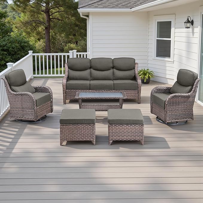 Wicker Outdoor Patio Furniture Set - 6 Piece Patio Conversation Sets with Swivel Rocker Chairs, Ottomans, Sofa and Table, 6 inch Cushions, Deep Seating, for Porch Deck Brown/Grey