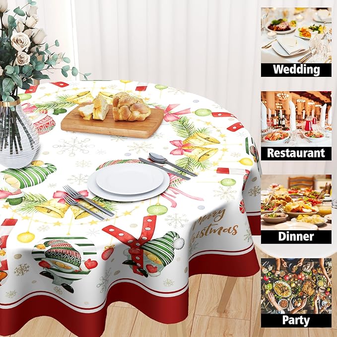 Gnomes Joy Christmas Decorations Tablecloth Farmhouse Xmas Winter Snowflake Tablecloth for Circular Table Cover Dinner Table Parties,60 Inch Round