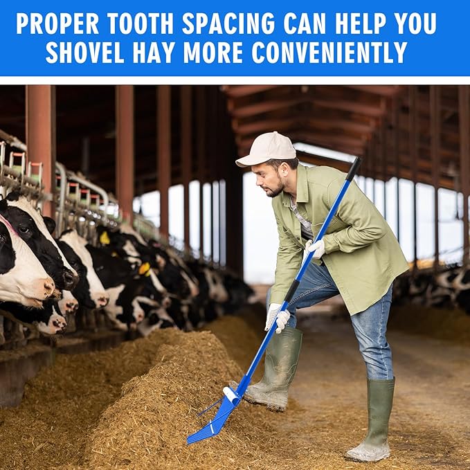 Lasnten 3 Sets Metal Manure Fork with Long Metal Handle Pitch Fork Manure Rake Heavy Duty Muck Rake for Gardening Horse Stall Stable Grass Hay Cleaning Farm Work (Blue)