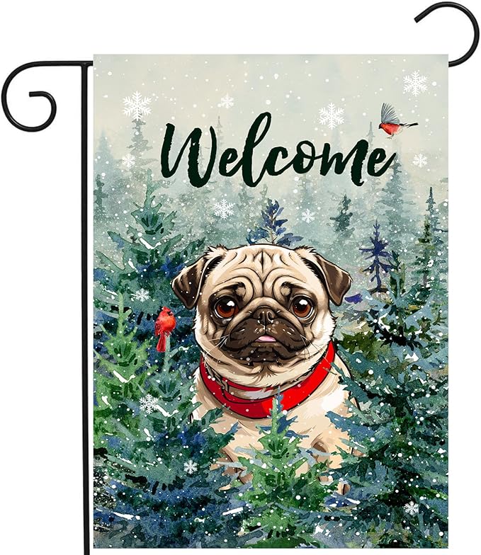 Welcome Winter Garden Flags Pug Garden Flag Cardinal Birds on Snowy Pine Tree Flag Dog Yard Flags for Outside 12x18 Double Sided Christmas Decorative Lawn Flags