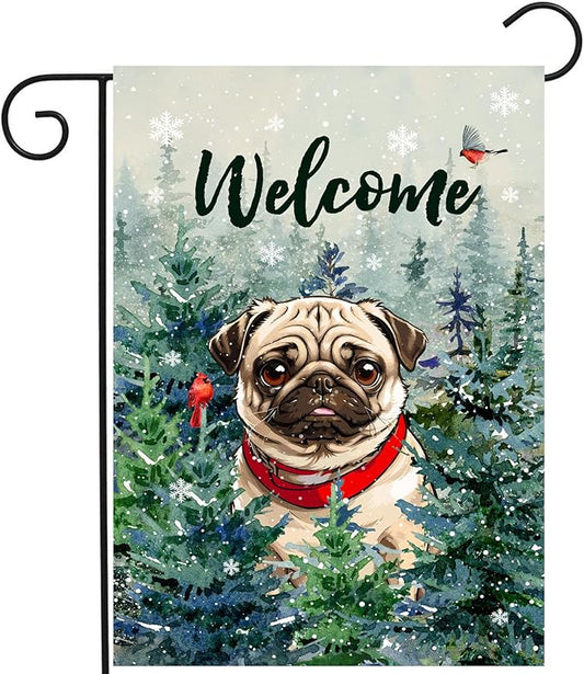 Welcome Winter Garden Flags Pug Garden Flag Cardinal Birds on Snowy Pine Tree Flag Dog Yard Flags for Outside 12x18 Double Sided Christmas Decorative Lawn Flags