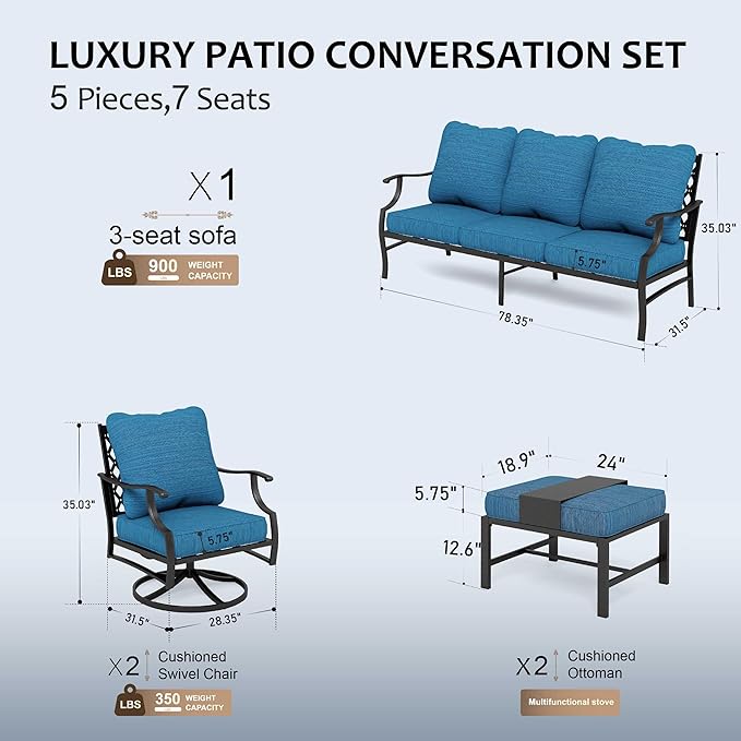 HERA'S HOUSE 5 Piece Patio Furniture Set, 2 x Swivel Chair, 2 x Ottoman, 1 x 3-Seat Sofa, All Cushioned 7 Seats Metal Outdoor Conversation Set for Lawn Garden Backyard