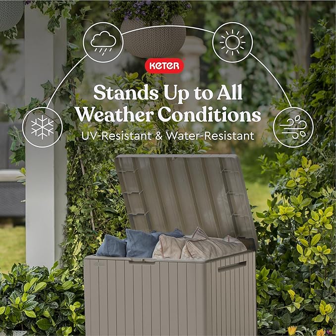 Keter City 30 Gallon Resin Outdoor Storage Box and Patio Furniture Side Table for Pool and Garden Accessories, Beige